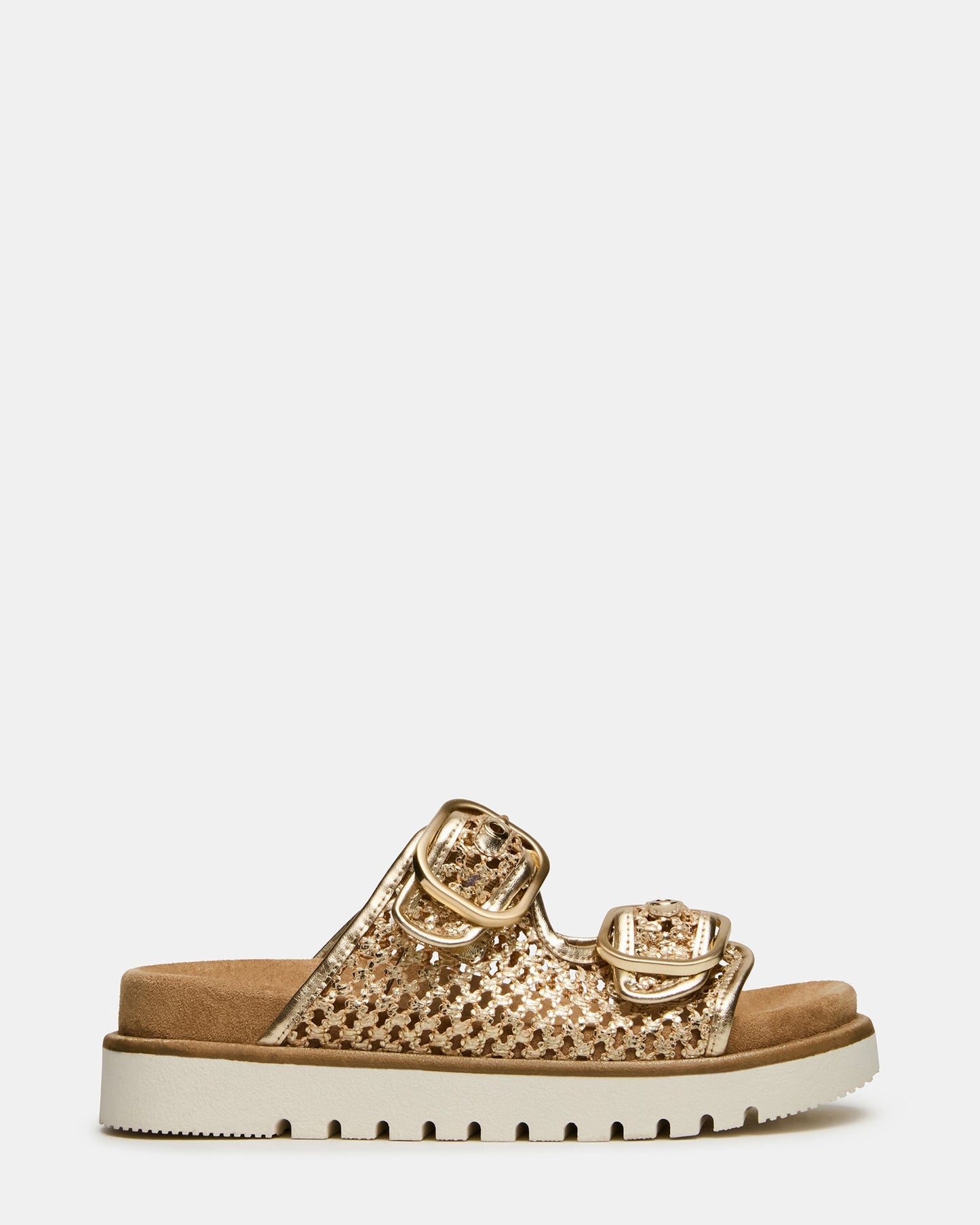 SHELLBY Gold Woven Footbed Slide Platform Women's Sandal | Steve Madden