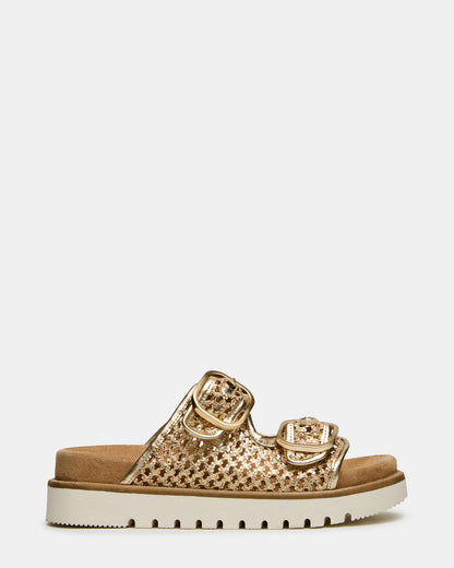 SHELLBY Gold Woven Footbed Slide Platform Women's Sandal | Steve Madden