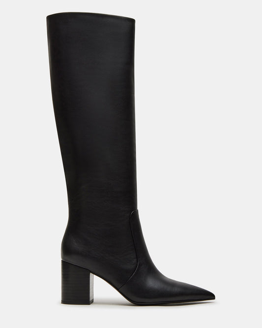 SKYLINE Black Leather Knee-High Pointed Toe Women's Boot | Steve Madden