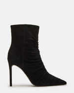 TEASE Black Suede Ruched Pointed Toe Ankle Boot | Women's Booties | Steve Madden
