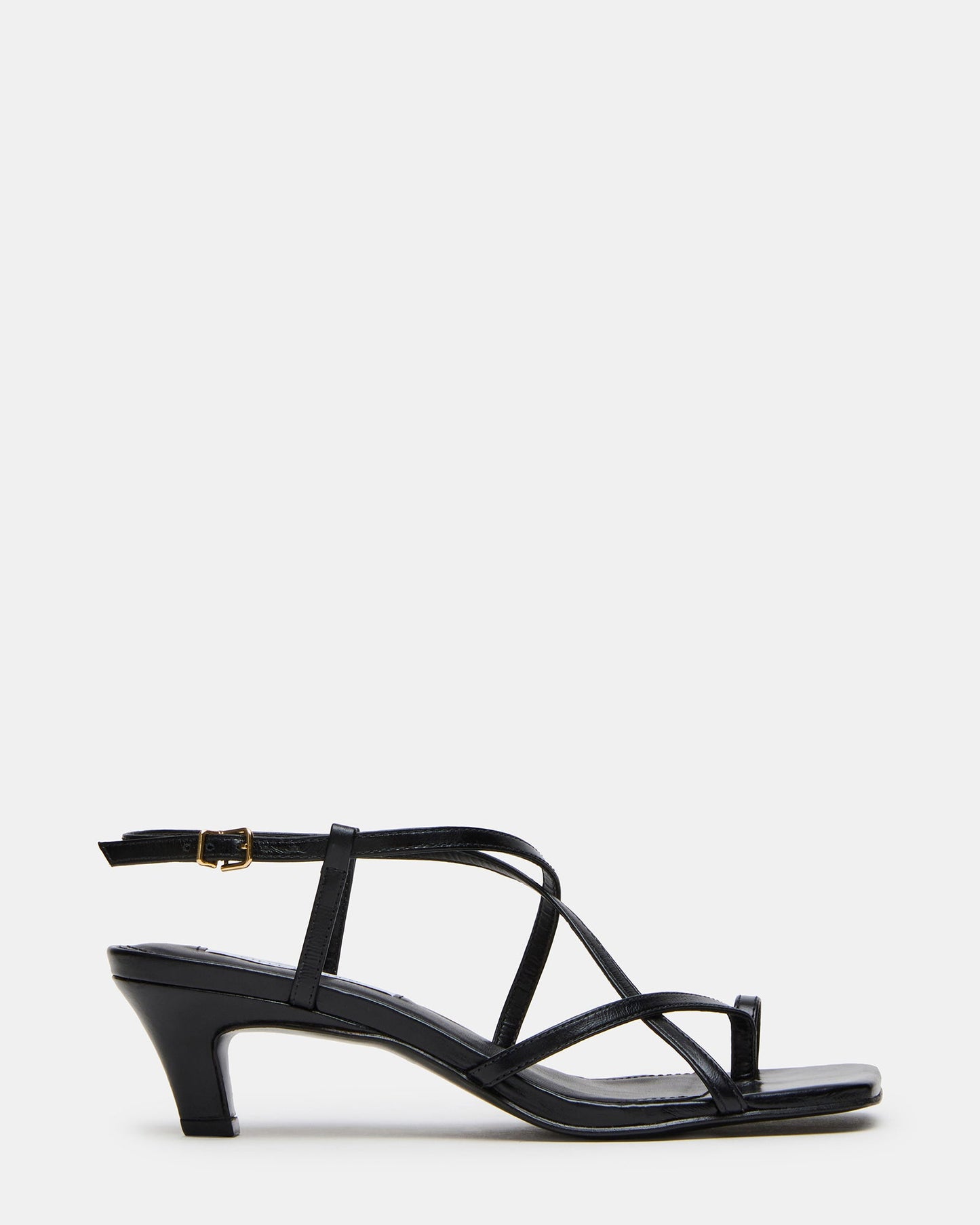 TRIANA Black Leather Strappy Square-Toe Thong Women's Kitten Heel | Steve Madden