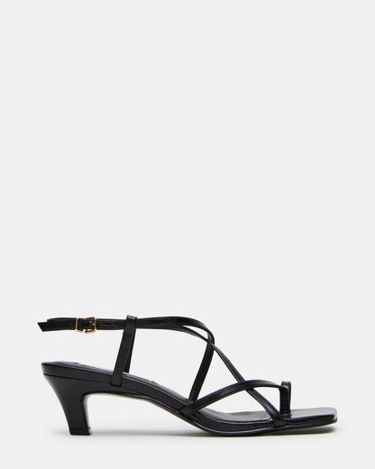 TRIANA Black Leather Strappy Square-Toe Thong Women's Kitten Heel | Steve Madden