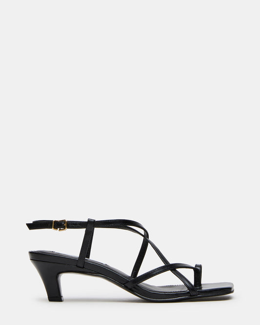 TRIANA Black Leather Strappy Square-Toe Thong Women's Kitten Heel | Steve Madden
