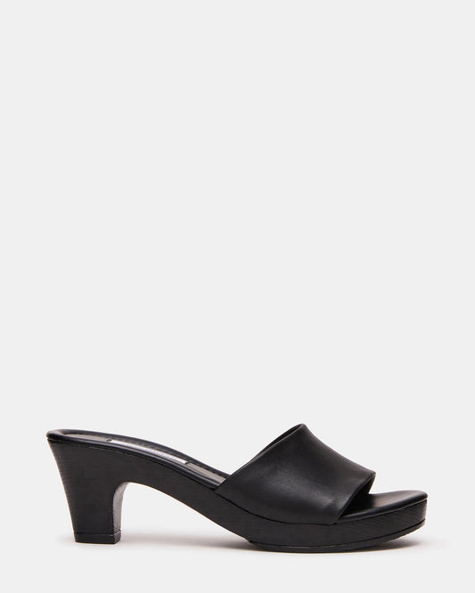 WEYRA Black Leather Mule Wood Bottom Women's Sandal | Steve Madden