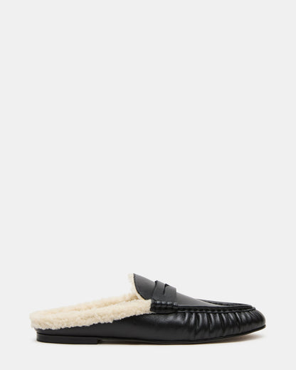 RAFE Faux Fur Black Leather Slip-On Mule Women's Loafer | Steve Madden